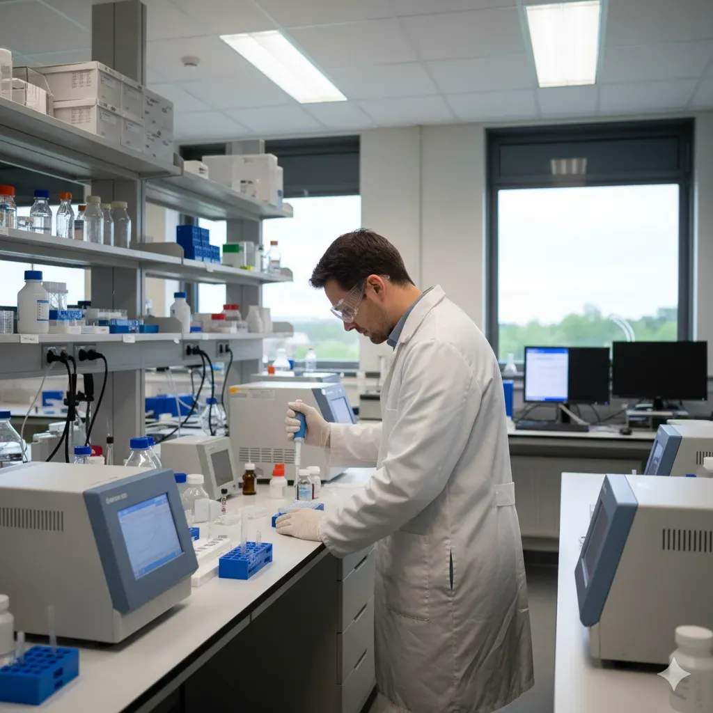 A laboratory technician operating analytical instruments