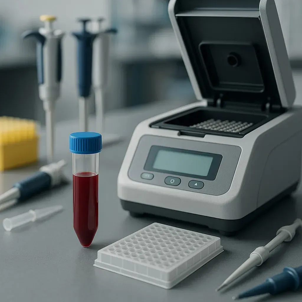 Laboratory pipettes, a thermocycler and a 96-well plate on a bench