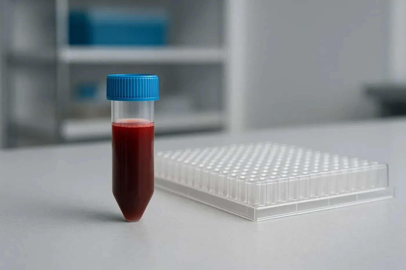 A blood sample tube beside a 96-well microplate